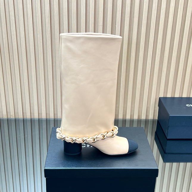 CHANEL 25S HIGH BOOTS 65MM IN BEIGE CALFSKIN GOLD HARDWARE