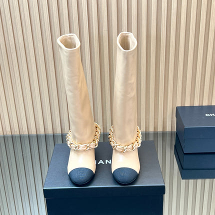 CHANEL 25S HIGH BOOTS 65MM IN BEIGE CALFSKIN GOLD HARDWARE