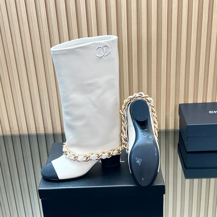 CHANEL 25S HIGH BOOTS 65MM IN WHITE CALFSKIN GOLD HARDWARE