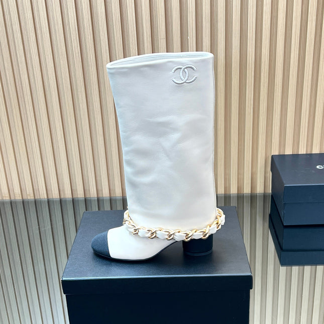 CHANEL 25S HIGH BOOTS 65MM IN WHITE CALFSKIN GOLD HARDWARE