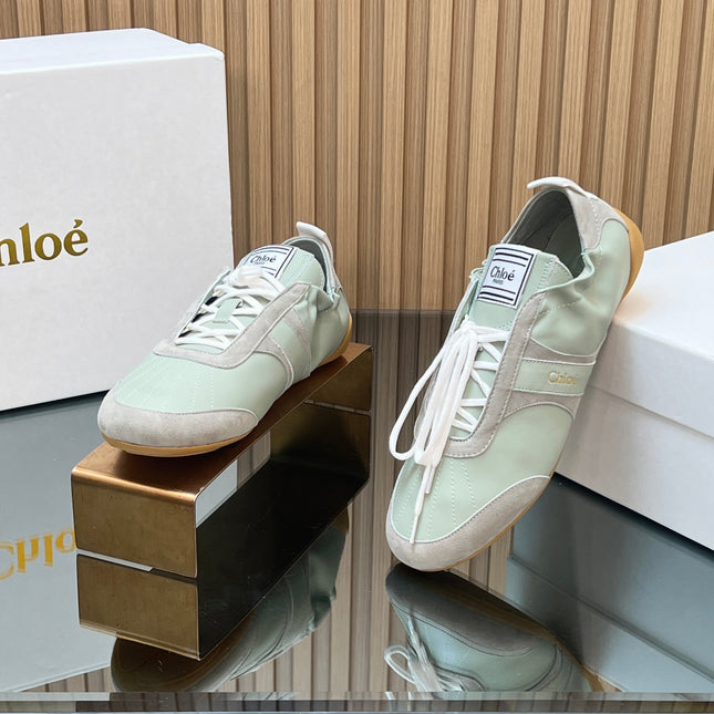 CHLOÉ 26S SNEAKERS IN LIGHT GREEN CALFSKIN AND GREY SUEDE