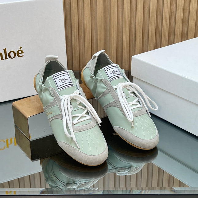 CHLOÉ 26S SNEAKERS IN LIGHT GREEN CALFSKIN AND GREY SUEDE