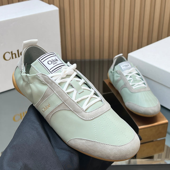 CHLOÉ 26S SNEAKERS IN LIGHT GREEN CALFSKIN AND GREY SUEDE