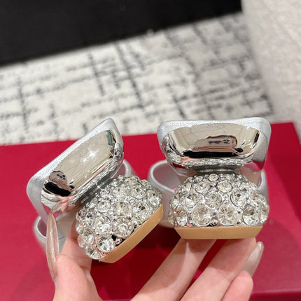 ROGER VIVIER 25S CRYSTAL HEEL MULE IN SILVER CALFSKIN