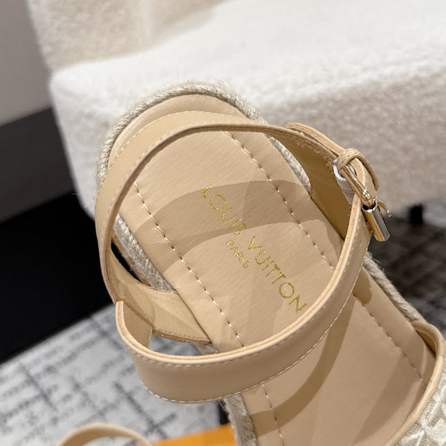 LV PLATFORM ESPADRILLE SANDALS 25S IN BEIGE FABRIC