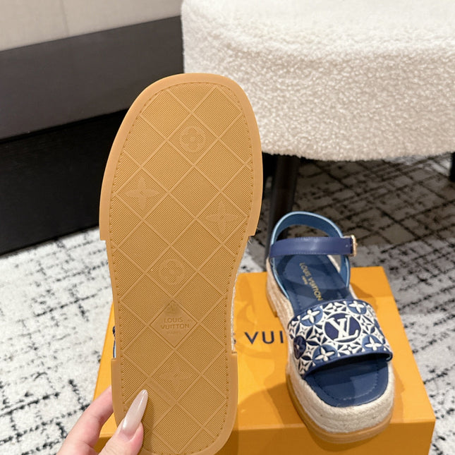 LV PLATFORM ESPADRILLE SANDALS 25S IN DARK BLUE FABRIC