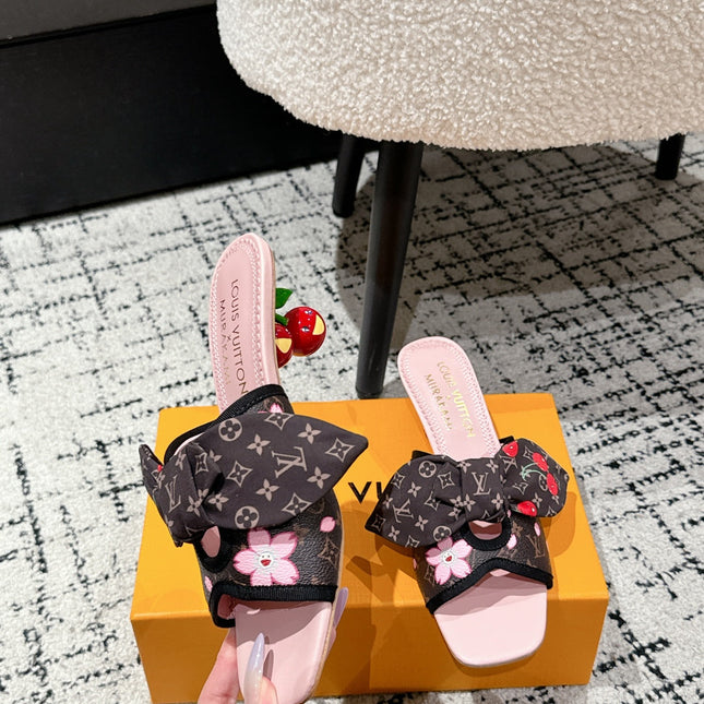 LV CHERRY HIGH HEELS 25S IN DARK BROWN AND PINK CALFSKIN WITH BOW STYLE 16