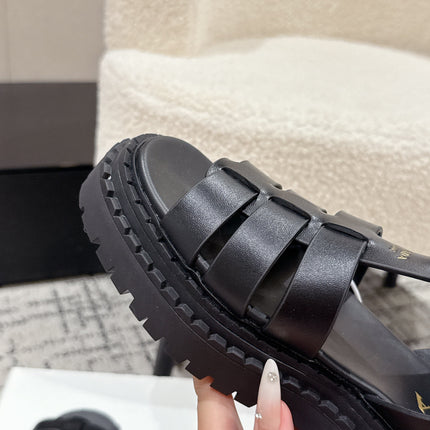 PRADA 25S FISHERMAN OPEN TOE SANDALS IN BLACK CALFSKIN