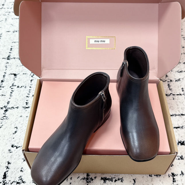 MIUMIU 26S BOOTIES IN DARK BROWN  FUME CALFSKIN