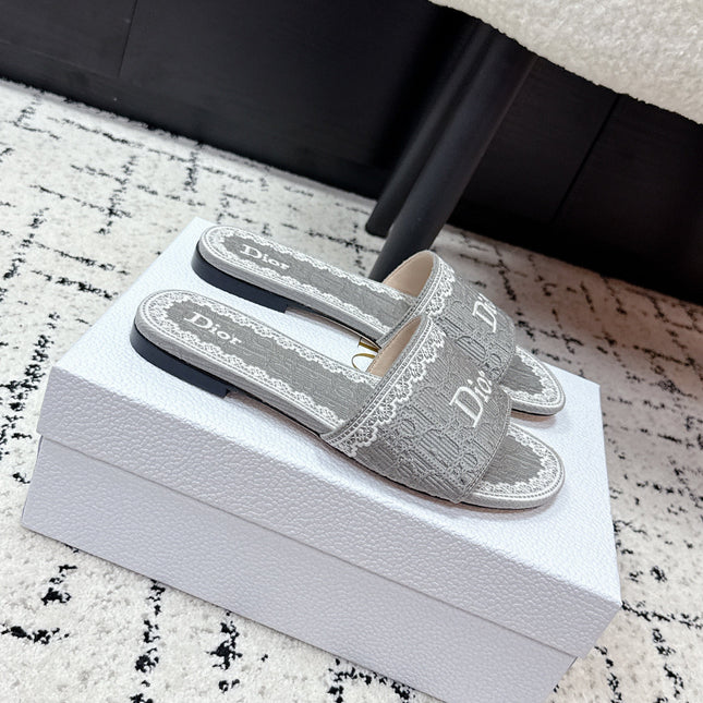 DIOR 26S SLIDES IN GREY EMBOSSED OBLIQUE LACE EMBROIDERY