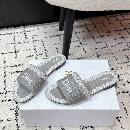 DIOR 26S SLIDES IN GREY EMBOSSED OBLIQUE LACE EMBROIDERY