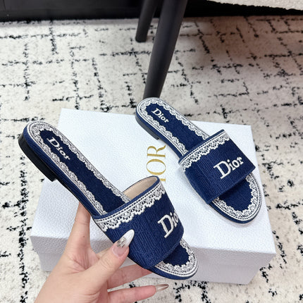 DIOR 26S SLIDES IN NAVY BLUE EMBOSSED OBLIQUE LACE EMBROIDERY
