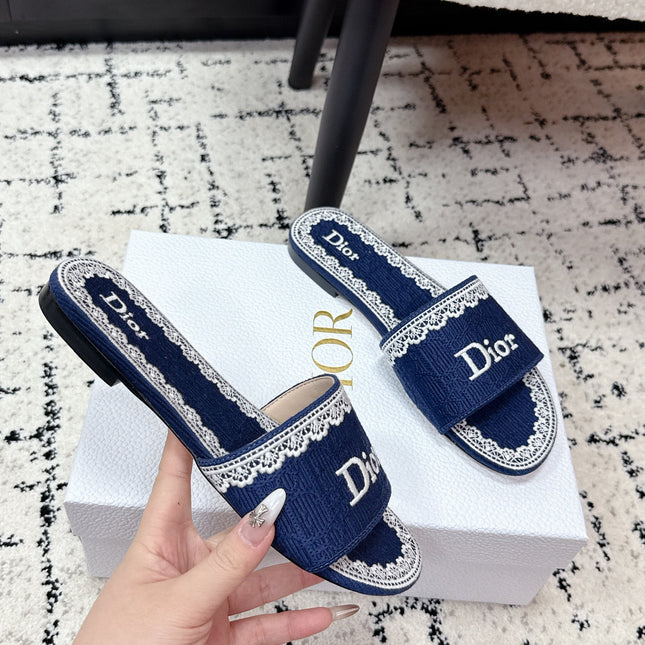 DIOR 26S SLIDES IN NAVY BLUE EMBOSSED OBLIQUE LACE EMBROIDERY