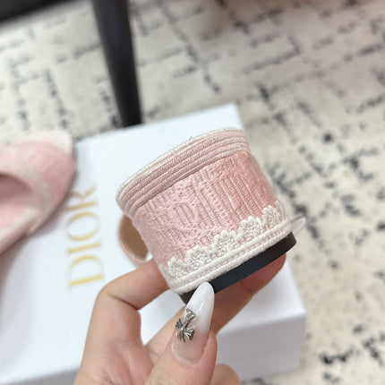 DIOR 26S HIGH HEEL SLIDES IN LIGHT PINK EMBOSSED OBLIQUE LACE EMBROIDERY