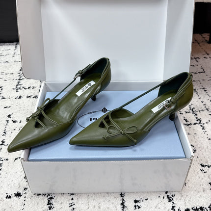 PRADA 26S POINTED-TOE HIGH HEELS 55MM IN DARK OLIVE GREEN CALFSKIN WITH BOW