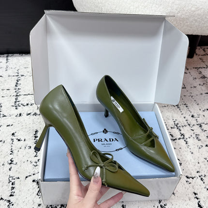 PRADA 26S POINTED-TOE HIGH HEELS 75MM IN DARK OLIVE GREEN CALFSKIN