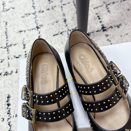 CHLOÉ 26S METAL STUD SHOES IN BLACK CALFSKIN