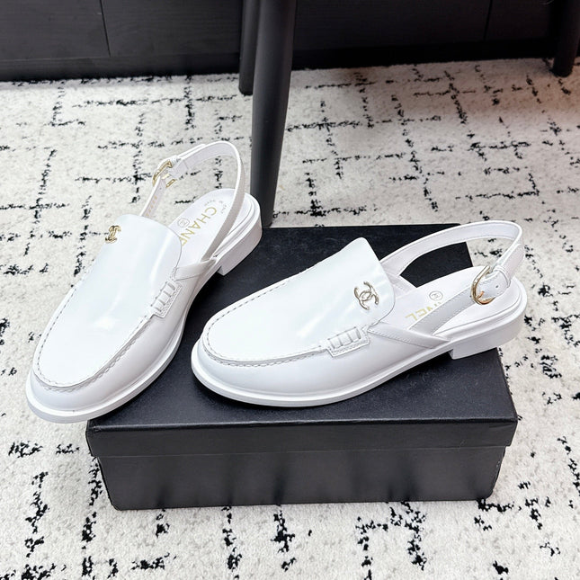 CHANEL 26S SLINGBACK LOAFERS IN WHITE PATENT CALFSKIN WITH CC LOGO
