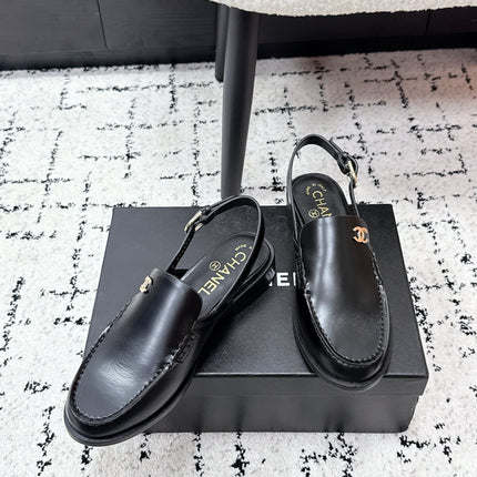 CHANEL 26S SLINGBACK LOAFERS IN BLACK PATENT CALFSKIN WITH CC LOGO