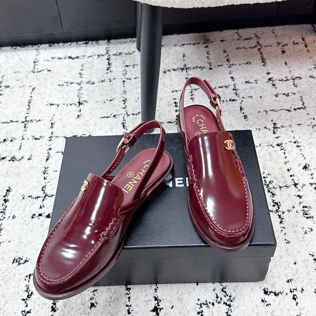 CHANEL 26S SLINGBACK LOAFERS IN BURGUNDY RED PATENT CALFSKIN WITH CC LOGO