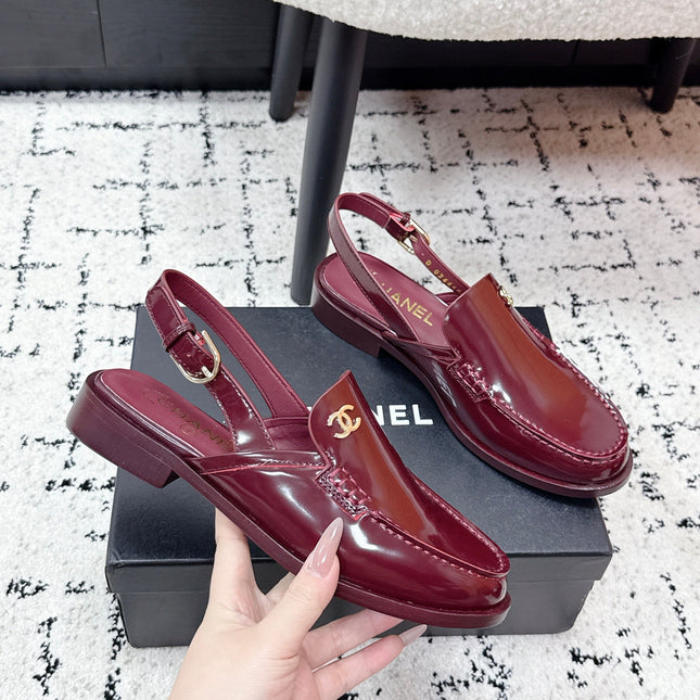 CHANEL 26S SLINGBACK LOAFERS IN BURGUNDY RED PATENT CALFSKIN WITH CC LOGO