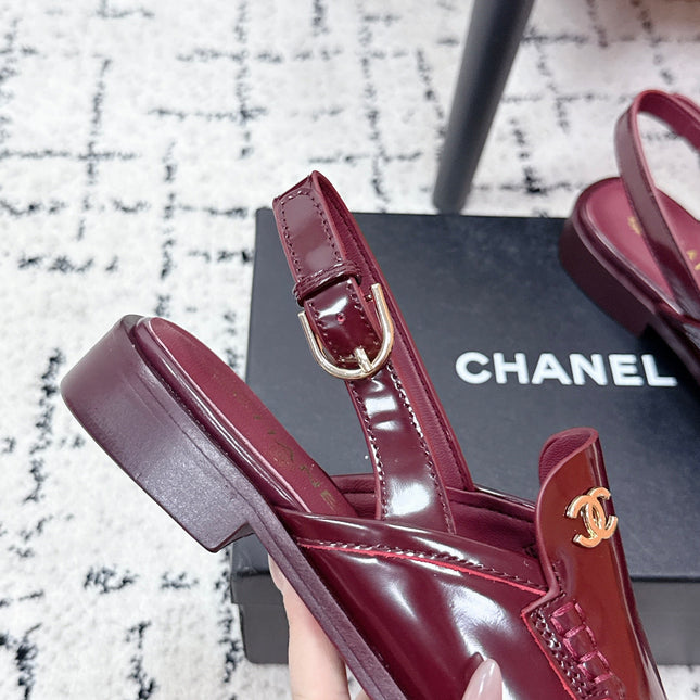CHANEL 26S SLINGBACK LOAFERS IN BURGUNDY RED PATENT CALFSKIN WITH CC LOGO
