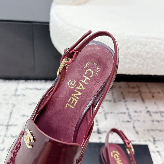 CHANEL 26S SLINGBACK LOAFERS IN BURGUNDY RED PATENT CALFSKIN WITH CC LOGO