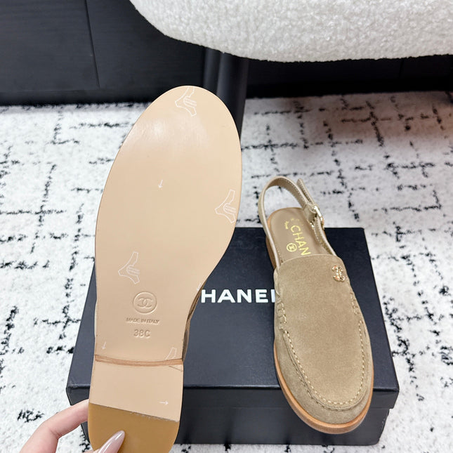 CHANEL 26S SLINGBACK LOAFERS IN LIGHT BROWN SUEDE WITH CC LOGO
