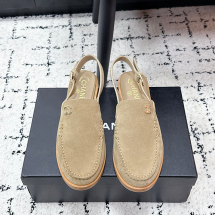 CHANEL 26S SLINGBACK LOAFERS IN LIGHT BROWN SUEDE WITH CC LOGO