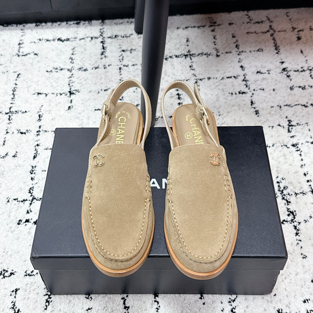 CHANEL 26S SLINGBACK LOAFERS IN LIGHT BROWN SUEDE WITH CC LOGO