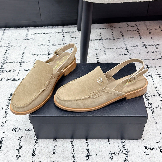 CHANEL 26S SLINGBACK LOAFERS IN LIGHT BROWN SUEDE WITH CC LOGO