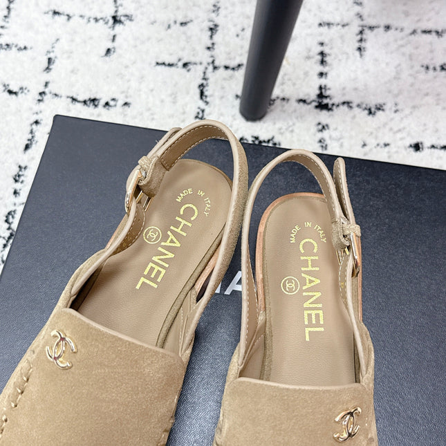 CHANEL 26S SLINGBACK LOAFERS IN LIGHT BROWN SUEDE WITH CC LOGO