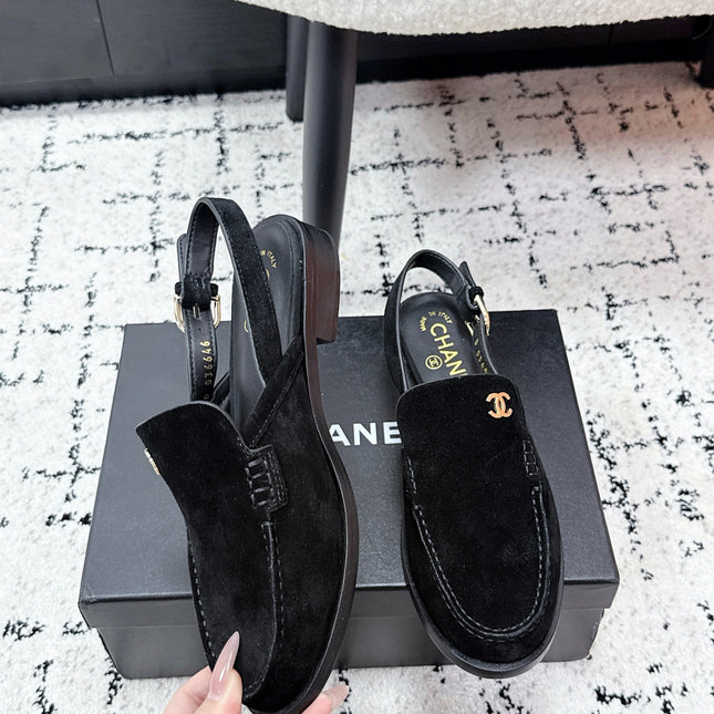 CHANEL 26S SLINGBACK LOAFERS IN BLACK SUEDE WITH CC LOGO