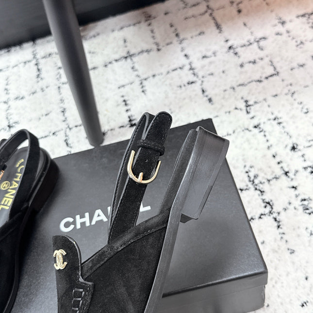 CHANEL 26S SLINGBACK LOAFERS IN BLACK SUEDE WITH CC LOGO