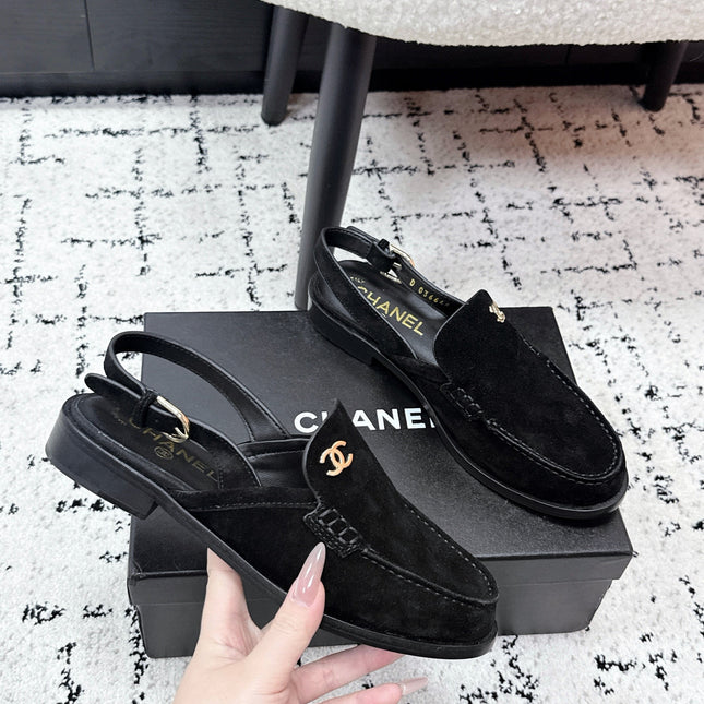 CHANEL 26S SLINGBACK LOAFERS IN BLACK SUEDE WITH CC LOGO