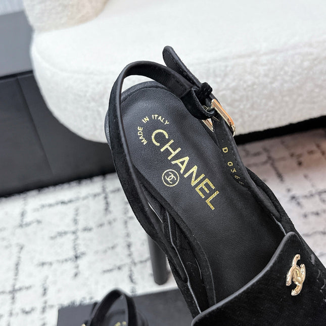CHANEL 26S SLINGBACK LOAFERS IN BLACK SUEDE WITH CC LOGO