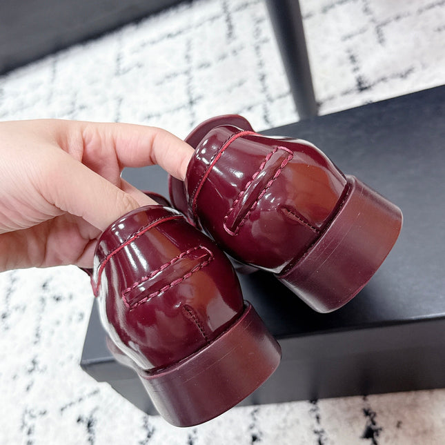 CHANEL 26S LOAFERS IN BURGUNDY RED PATENT CALFSKIN WITH CC LOGO
