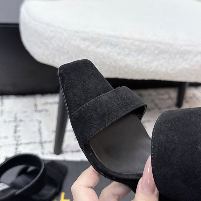 ALAIA 26S DOUBLE STRAP WEDGE SANDALS 70 MM IN BLACK SUEDE