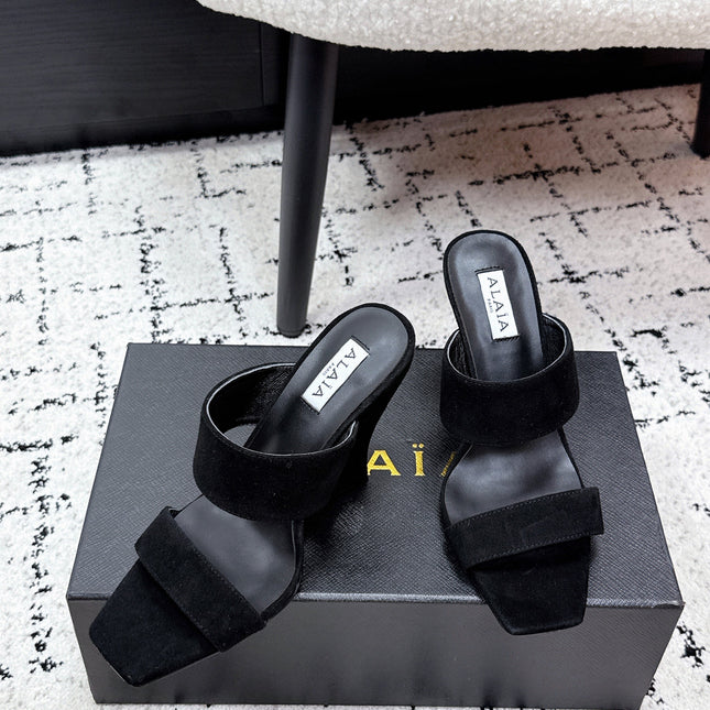 ALAIA 26S DOUBLE STRAP WEDGE SANDALS 70 MM IN BLACK SUEDE