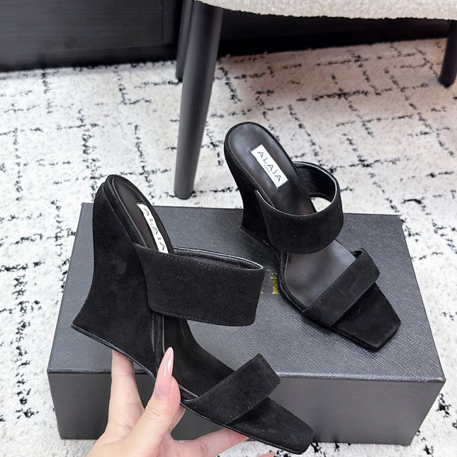 ALAIA 26S DOUBLE STRAP WEDGE SANDALS 70 MM IN BLACK SUEDE