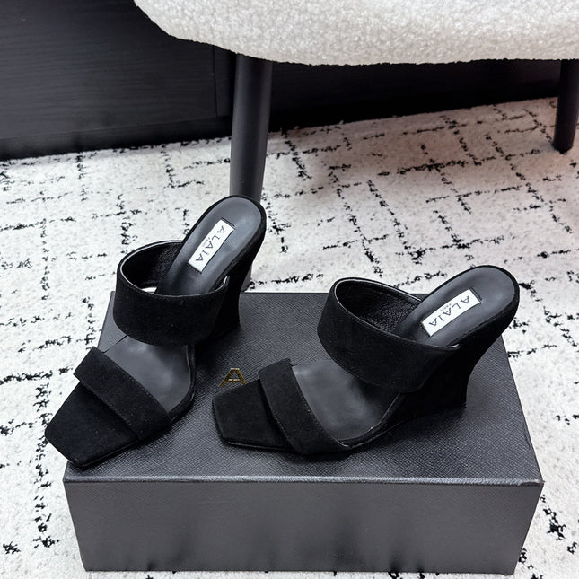 ALAIA 26S DOUBLE STRAP WEDGE SANDALS 95 MM IN BLACK SUEDE