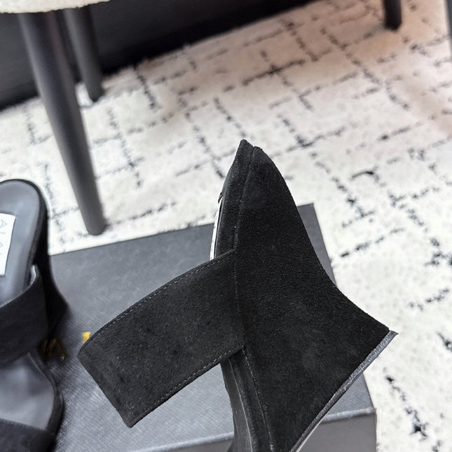 ALAIA 26S DOUBLE STRAP WEDGE SANDALS 95 MM IN BLACK SUEDE