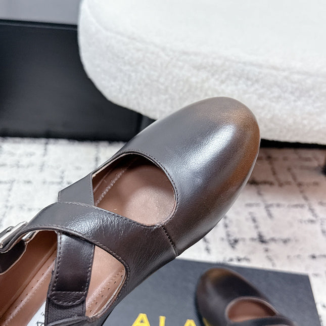 ALAIA 26S CROSS-STRAP BALLET FLATS IN DARK BROWN LAMBSKIN