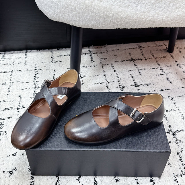 ALAIA 26S CROSS-STRAP BALLET FLATS IN DARK BROWN LAMBSKIN