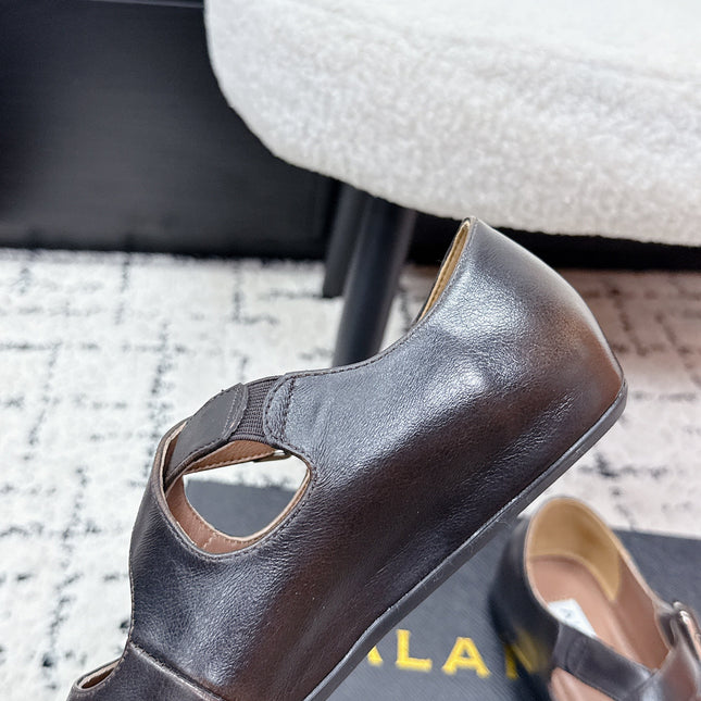 ALAIA 26S CROSS-STRAP BALLET FLATS IN DARK BROWN LAMBSKIN