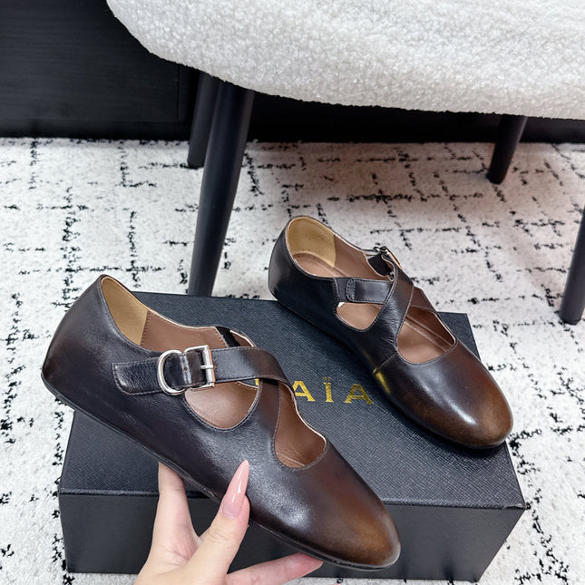 ALAIA 26S CROSS-STRAP BALLET FLATS IN DARK BROWN LAMBSKIN