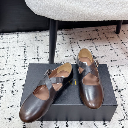 ALAIA 26S CROSS-STRAP BALLET FLATS IN DARK BROWN LAMBSKIN