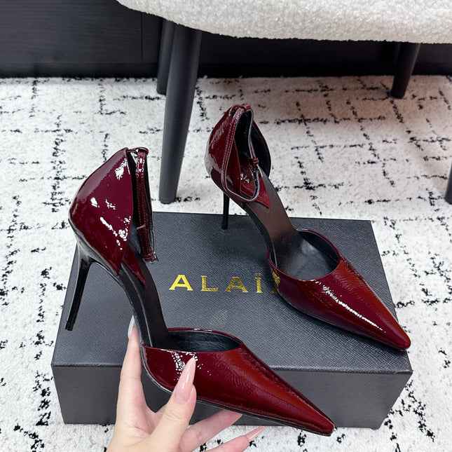 ALAIA 26S POINTED-TOE HEELS 90 MM IN DARK RED PATENT CALFSKIN
