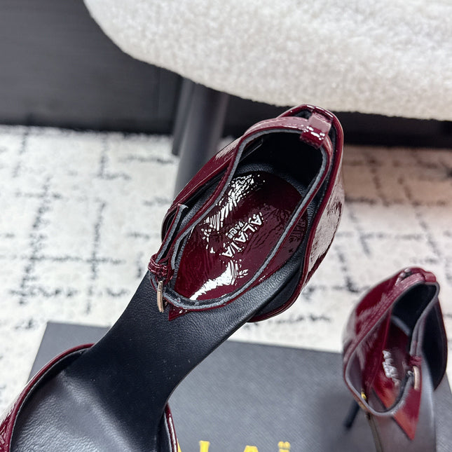 ALAIA 26S POINTED-TOE HEELS 90 MM IN DARK RED PATENT CALFSKIN