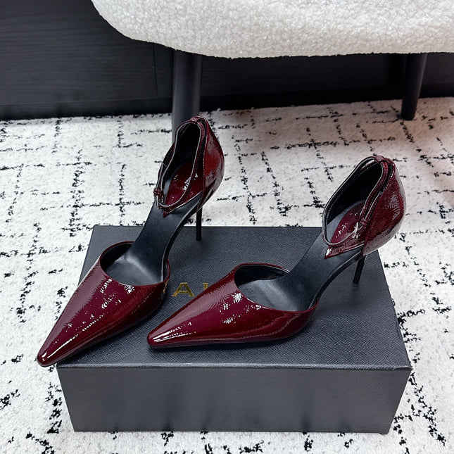 ALAIA 26S POINTED-TOE HEELS 90 MM IN DARK RED PATENT CALFSKIN